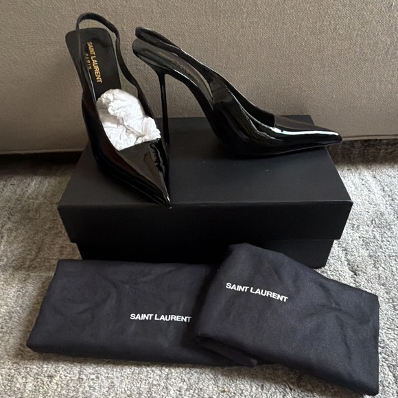 Saint Laurent Shoes - Saint Laurent Black Patent Leather Logo Slingback Pointed Toe Stiletto 8.5